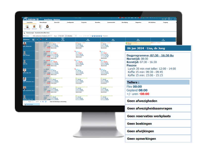 Schermafbeelding van de interface van de Astrow 10 software met een gedetailleerd rooster voor werknemers. Het rooster toont data, namen en verschillende gekleurde tijdsblokken die verschillende activiteiten of werkuren voorstellen.
